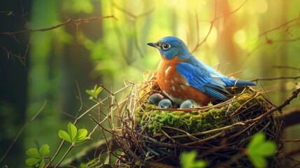 Mother bluebird with her young in forest nest