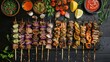 © Matcha_09 - Top view of skewers with assorted meats and vegetables by BBQ.