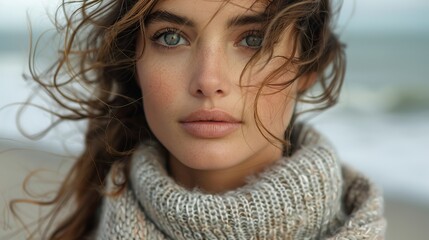 Poster - sensual portrait of a young brunette girl against the backdrop of the ocean in windy autumn weather.stock photo