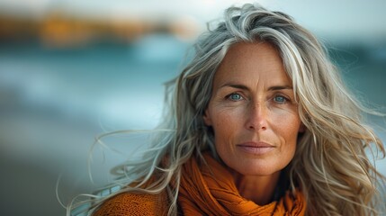 Wall Mural - portrait of a middle aged woman,gray hair,a surfboard on the beach.stock photo