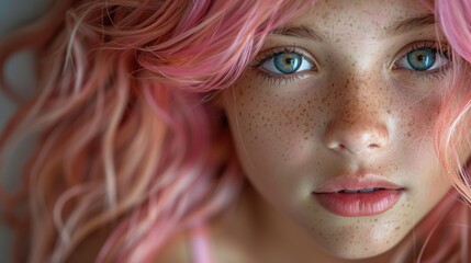 Wall Mural - portrait of a young girl,pink hair close up.stock image