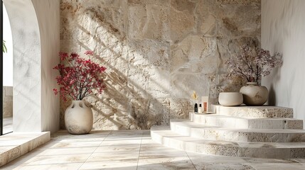 Poster - sandstone podiums mockup for cosmetic product display.stock image