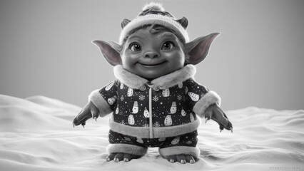 Canvas Print - A black and white photo of a small toy elf in winter clothes, AI