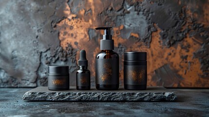 Poster - flat lay composition,black men s cosmetic bottles on stone background beauty products design branding product display.photo
