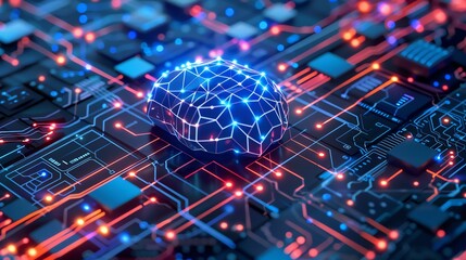 circuit board with a glowing blue brain on top of it.