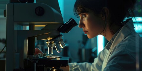 Poster - A scientist is deeply engrossed in examining a specimen under a microscope in a modern laboratory setting AIG58