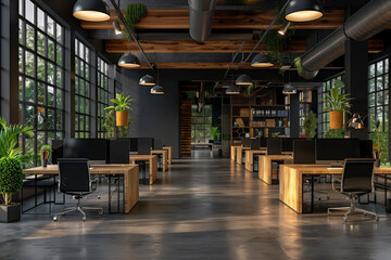 Interior of modern office with white and wooden walls, open space area with white computer tables and conference room with metal chairs.