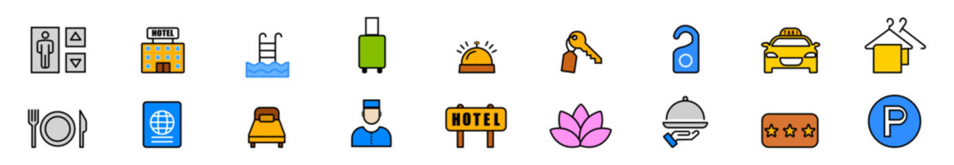 Poster - Color hotel elements. Collection of color hotel icons. Icons for renting a room. Hotel reservations.	
