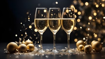 Transparent, advised usage on dark backgrounds for festive compositions; two glasses of champagne in a splashing brindisi during new year's eve or holiday parties. Glasses of champagne on Christmas ba