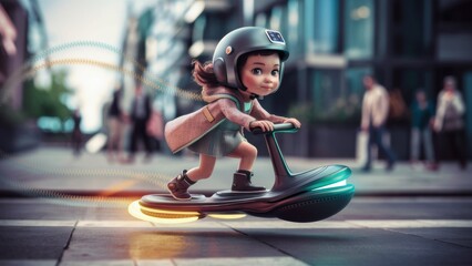 Sticker - A cartoon girl riding a scooter with helmet on, AI