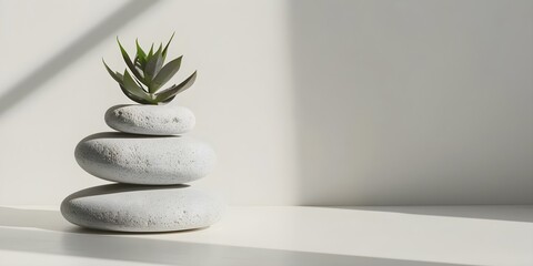 Wall Mural - Simple podium with meditation stones plant casting shadows on white background. Concept Minimalist, Zen, Meditation Practice, Nature Elements, Balanced Composition