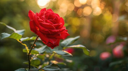 Blooming red rose on nature background Ideal gift for holidays and celebrations