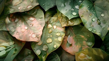 Wall Mural -   Green leaves with water drops