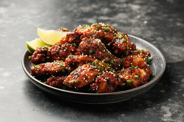 Wall Mural - Spicy korean chicken wings with sesame seeds and chives