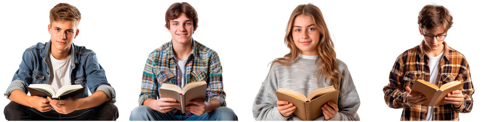 Wall Mural - Four young men are standing in a row, each holding a book