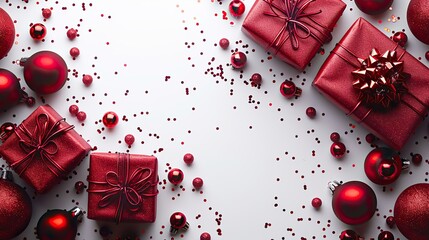 Poster - stylish christmas banner design,red gift box baubles confetti on white background top view,copy space.illustration