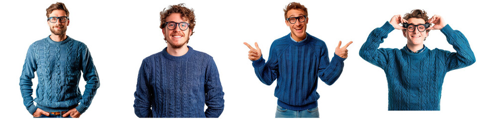 Wall Mural - A man in a blue sweater is wearing glasses and smiling