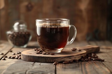 Hot Coffee in Glass Cup with Coffee Beans Closeup on Wooden Table