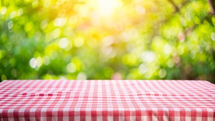 Wall Mural - Red checkered tablecloth texture top view with  green bokeh from garden in morning background.For montage product display or design key visual layout