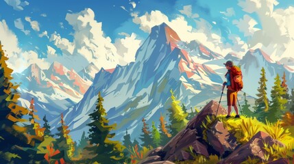 Sticker - Cartoon style adventure scene with a hiker reaching the peak, overlooking a vibrant forest and mountain range under a sunny sky, cheerful and colorful, emphasizing the joy of outdoor exploration