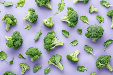 Wall Mural - Fresh Green Broccoli and Spinach Leaves on Light Purple Background in Pattern