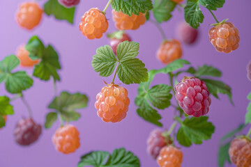 Wall Mural - Vibrant Colored Raspberries Floating in Mid air with Green Leaves on Purple Background