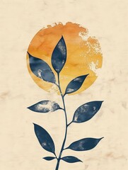 Poster - An abstract watercolor painting of a blue plant with a yellow sun