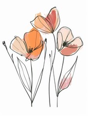 Poster - Three stylized flowers with orange and pink watercolor petals and black line art stems on a white background