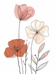 Poster - A simple line drawing of three flowers with delicate stems and leaves. The flowers are in pink, peach, and red, with subtle watercolor-like shading