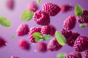 Wall Mural - Flying Fresh Raspberries with Green Leaves and Water Droplets on Purple Background