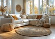 © Ihor - Cozy living room with a white sectional sofa, a large round rug, and a throw blanket