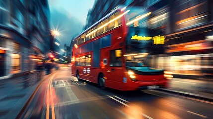 Sticker - a red double decker bus driving down a street next to tall buildings at night time