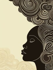 Poster - A stylized silhouette of a Black woman with her eyes closed and an abstract design of curly hair