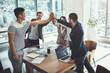 © peopleimages.com - Business people, high five or winning together for success, support or meeting for corporate goals. Mission, group or partnership collaboration for teamwork, target or staff synergy for motivation