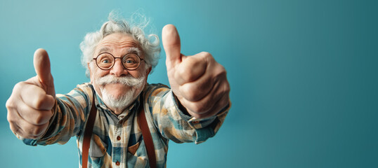 Funny looking elderly man wearing glasses, showing approving thumbs up. Wide angle studio photo banner copy space at side. Generative AI