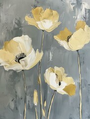 Wall Mural - A close-up painting of yellow and white flowers with gray accents