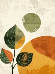 Wall Mural - A stylized illustration featuring a single plant with four leaves against a background with three circles in green, orange, and yellow tones. The leaves are green with white veins and yellow accents