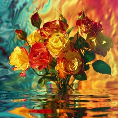 Canvas Print - A bouquet of yellow and red roses with water droplets sits in a vase, reflected in still water