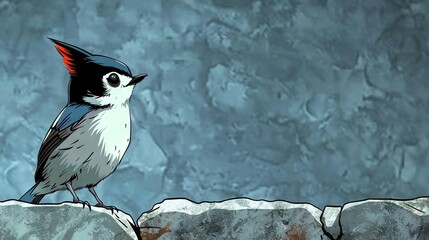 Poster -   Bird perched on rock near blue-gray wall with black-white bird above it