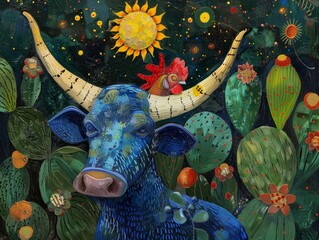 Poster - A blue bull with long, curved horns stands amidst a vibrant landscape of cactus and blooming flowers, with a rooster perched upon one of its horns and a sun shining brightly in the background