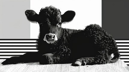 Canvas Print -  Monochrome image of a cow resting on a bed against a striped background wall