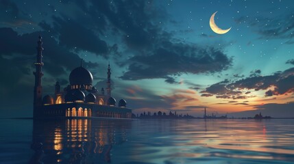 mosque with beautiful architecture at night and crescent moon in the sky