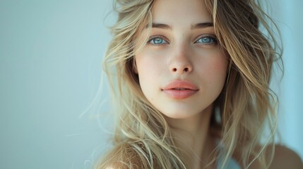 Wall Mural - Portrait of a Young Woman with Mesmerizing Blue Eyes and Blonde Hair