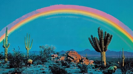 Wall Mural -   A painting depicts a rainbow in the desert amidst cacti, with a cactus prominently positioned in the foreground and a rainbow fading into the background