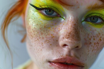 Wall Mural - A beautiful redhaired model with green and yellow makeup and freckles on her face