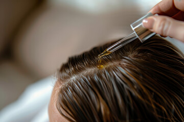 Beautician is applying a regenerating hair oil to the scalp of her client during a beauty treatment