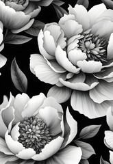 Canvas Print - AI generated illustration of elegant black and white floral pattern with large peony flowers