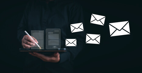 Poster - Businessman uses smartphone and pencil to write and send electronic mail with virtual interface technology, Online communication concept, Communication business technology, Message E-mail Inbox,email
