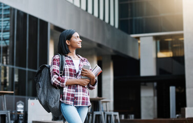Poster - Thinking, student and girl in university with smile or books for education, future or studying in engineering college. Proud, school or happy Indian woman for research, opportunity or scholarship