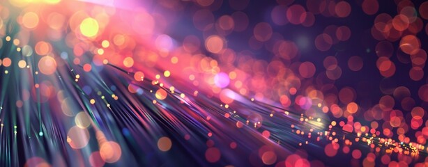 Wall Mural - Colorful fiber optic cables, optical fibers with bright light beams and bokeh effect on a dark background